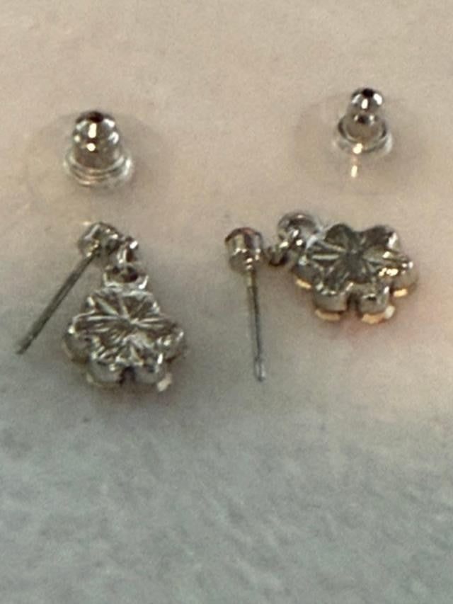 pink rhinestone floral drop earrings in silver-tone meta