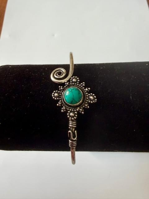 Silver Tone Faux Turquoise Spiral Hook Bangle Bracelet Boho Southwestern