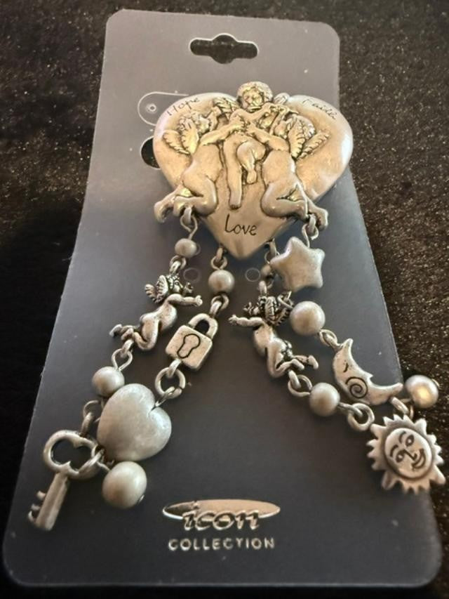 Cherub Hope Love Faith Dangle Drop Heart Brooch Pendant Vintage Silver Tone 3.5"