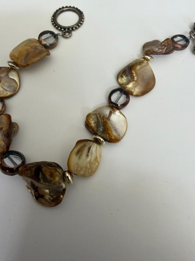 8" Brown Mother of Pearl Shell Nugget Smoky Glass Bead Toggle Bracelet
