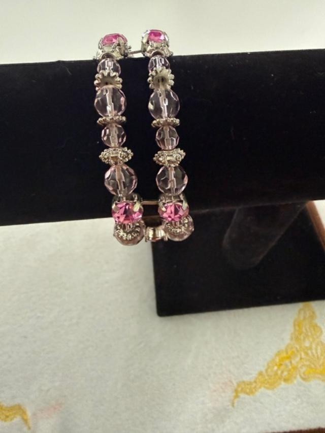 Pink Rhinestone Stretch Bracelet Amber Faceted Center Stone Silver Tone Boho