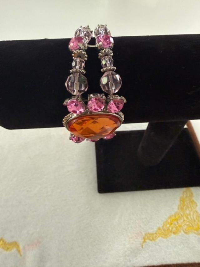 Pink Rhinestone Stretch Bracelet Amber Faceted Center Stone Silver Tone Boho