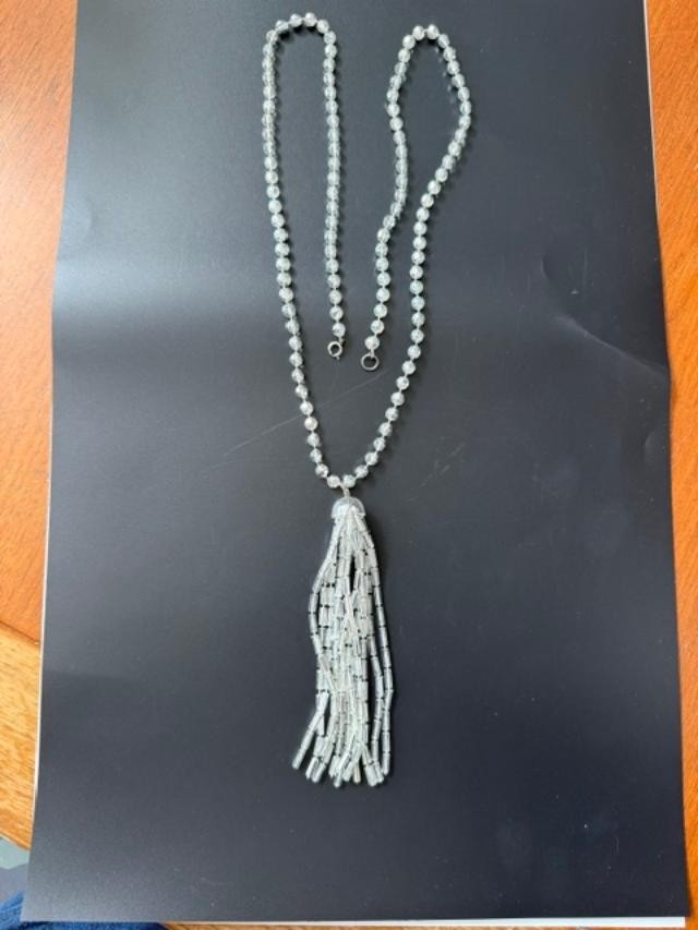 34" Silver Tone Beaded Tassel Necklace Opera Length Costume Jewelry