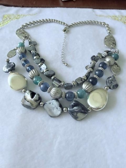 Blue Gray Multi-Strand Shell Bead Statement Necklace Silver Tone 21"