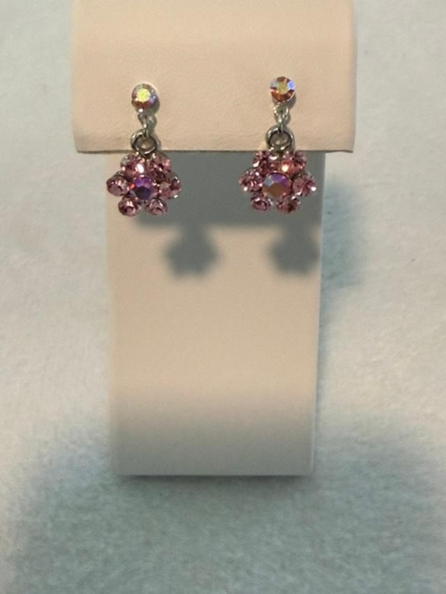 pink rhinestone floral drop earrings in silver-tone meta