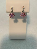 pink rhinestone floral drop earrings in silver-tone meta
