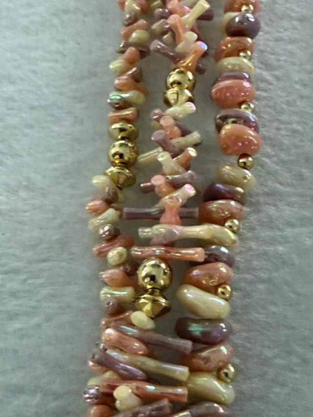 Vintage 27" Pink AB Shell Chip 3 Strand Statement Necklace Gold Tone Boho