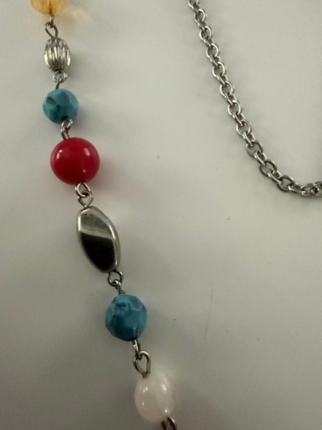 Multicolor Mixed Bead Faux Pearl Long Station Necklace Silver Tone 42"