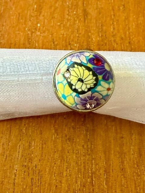 Vintage Butterfly Floral Enamel Rhinestone Adjustable Statement Ring Size 7.5