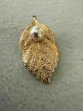 Gold Tone Textured Leaf Brooch Faux Pearl Accent Pin Unmarked Vintage Style