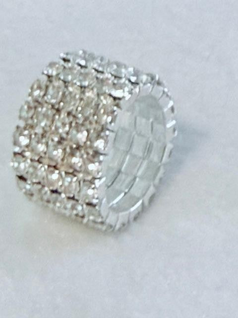 Clear Rhinestone 6 Row Silver Tone Stretch Ring Wide Statement Cocktail Ring