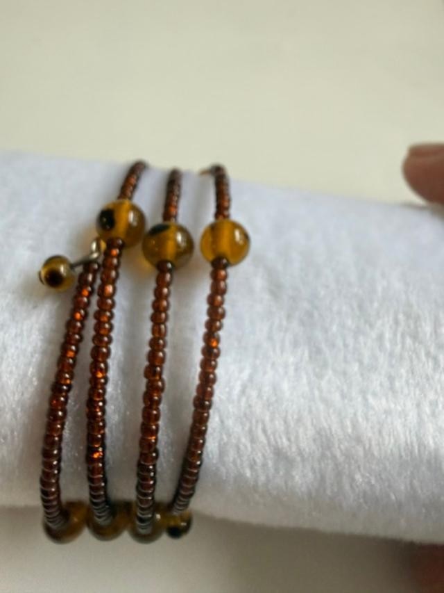 Brown Amber Glass Seed Bead Memory Wire Wrap Bracelet Boho