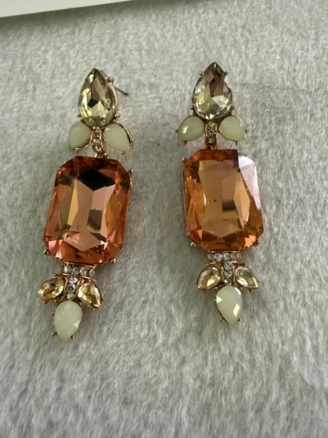 Peach Champagne Rhinestone Statement Drop Earrings Gold Tone 2.5"