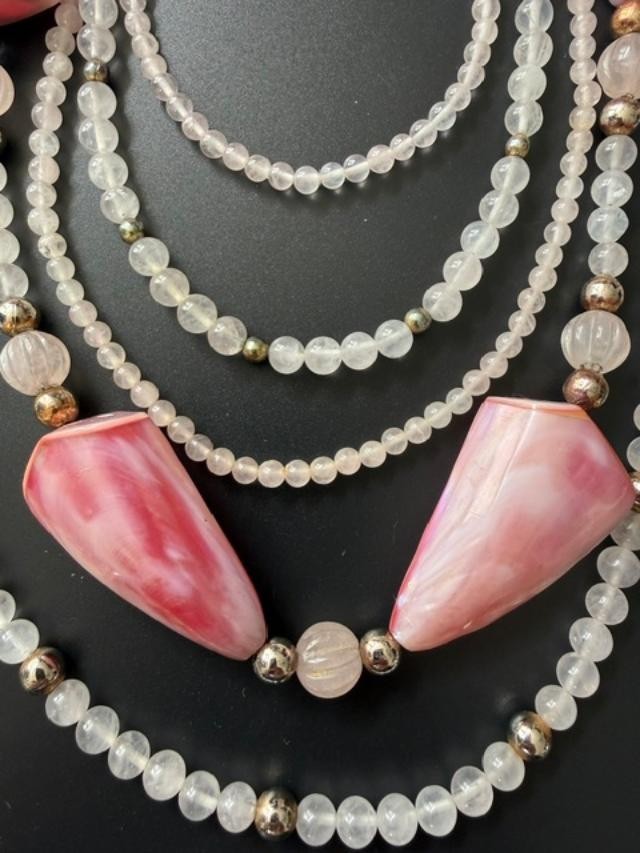 23" Multi Strand Pink Shell Rose Quartz Bead Statement Necklace Gold Tone