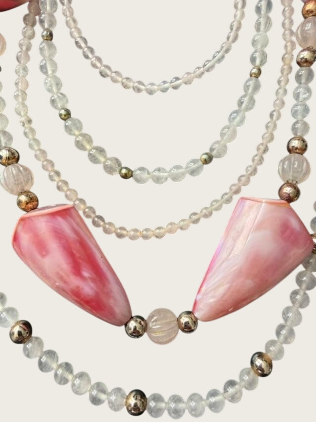 23" Multi Strand Pink Shell Rose Quartz Bead Statement Necklace Gold Tone