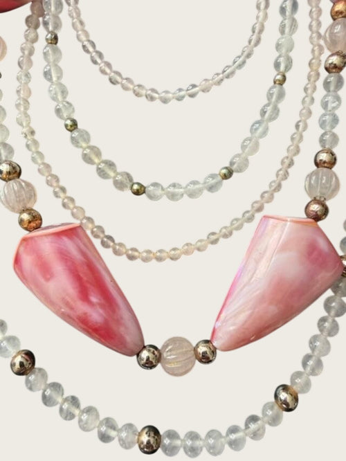 23" Multi Strand Pink Shell Rose Quartz Bead Statement Necklace Gold Tone