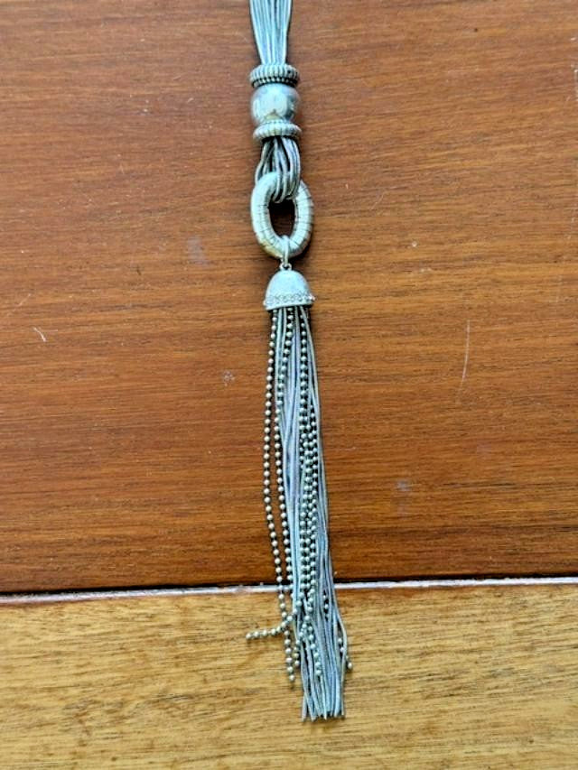 Chico’s Silver Tone Multi Strand Chain Tassel Necklace 33” Long 8” Pendant