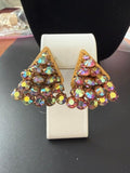 Vintage Aurora Borealis Triangular cascading Rhinestone crystal clip-on earring