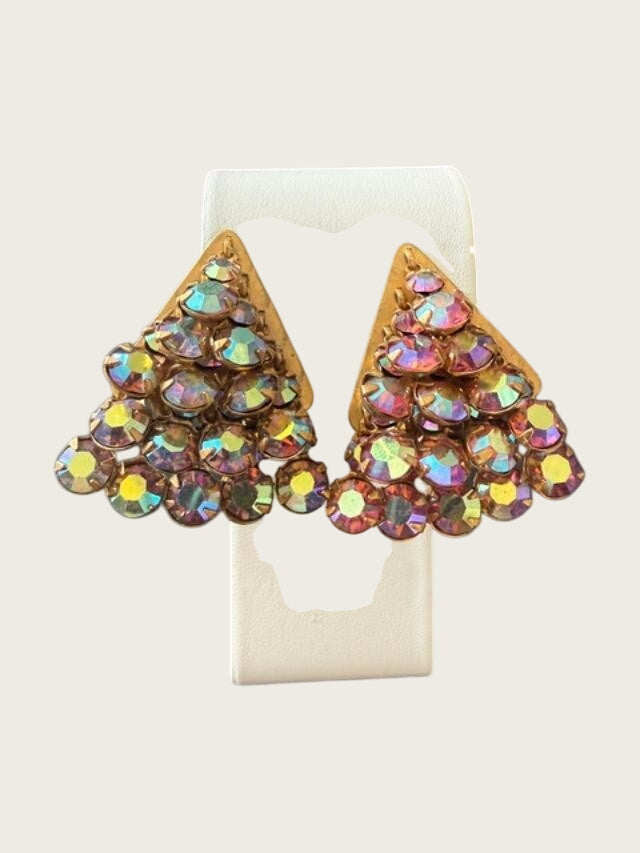 Vintage Aurora Borealis Triangular cascading Rhinestone crystal clip-on earring