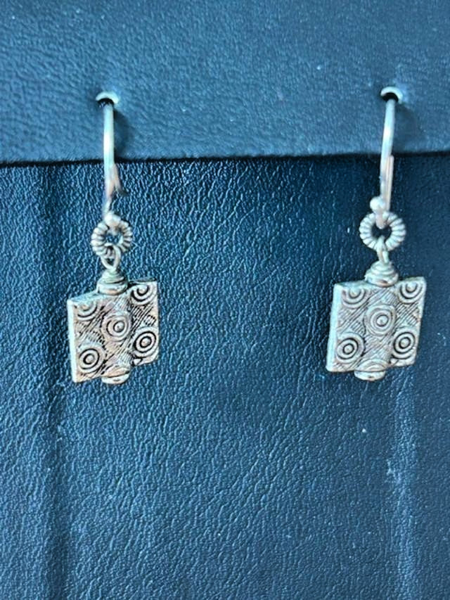 Silver-Tone Embossed Square Bead Dangle Earrings Boho Fishhook