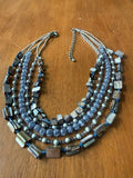 5-Strand Blue Gray Shell Crackle Bead Statement Necklace 24”