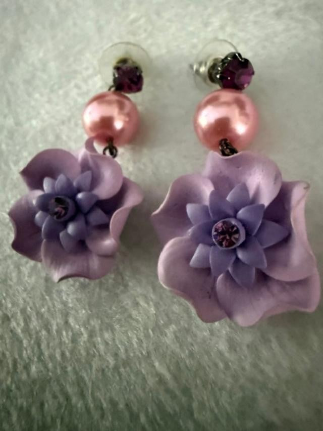 Pair of pink floral statement dangle earrings featuring fuchsia rhinestone stud