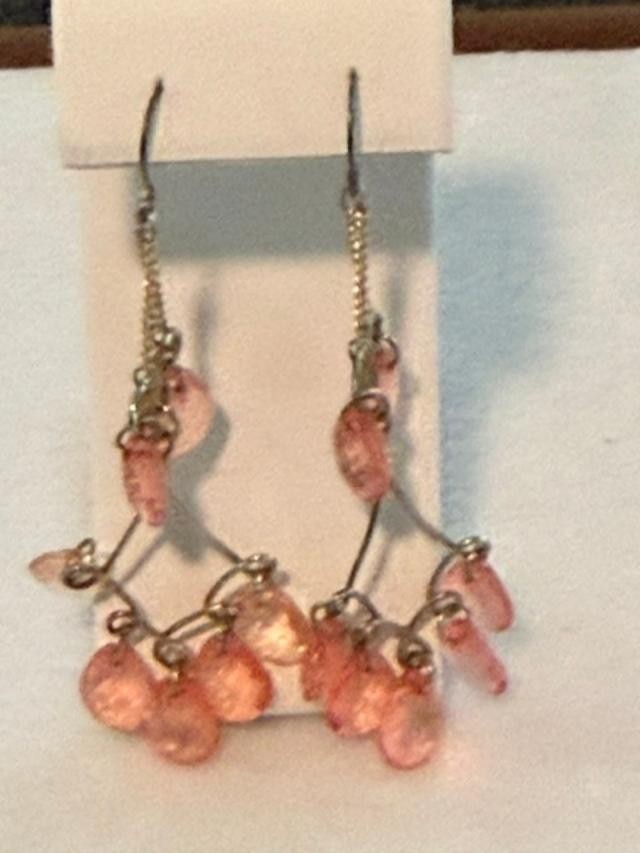 Pink Faceted Teardrop Bead Chandelier Earrings Antiqued Gold Tone Pierced