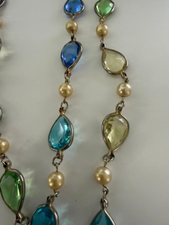 Long Multicolor Teardrop Glass Faux Pearl Station Necklace 54"