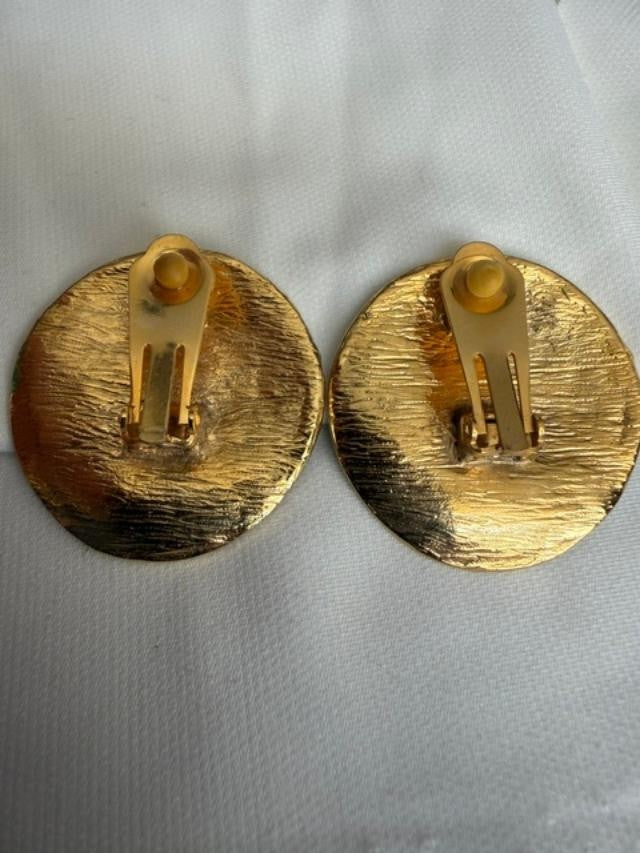 Vintage Clip-On Earrings : Deep teal green, turquoise & Gold Circle:  1.5”Diam.