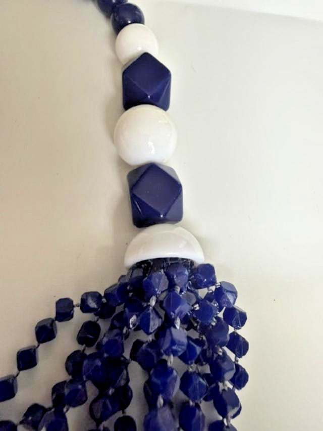 24" navy blue and white multi-strand beaded statement necklace