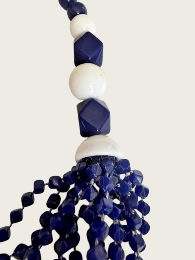24" navy blue and white multi-strand beaded statement necklace