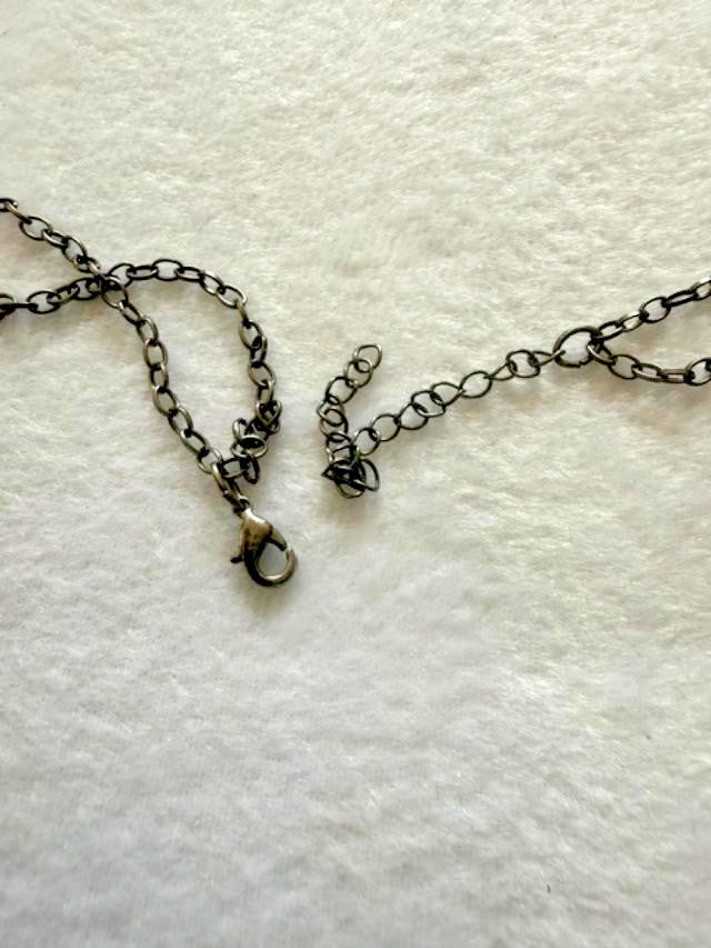 Gunmetal Double Strand Necklace Pink Beads Faux Pearls Gray Teardrops 22"