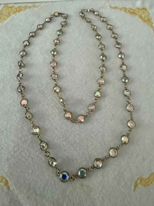 Gold Tone Aurora Borealis Crystal Station Necklace 17" Faceted No Clasp