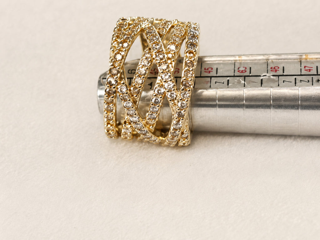 Gold Tone Clear Rhinestone Crisscross Wide Band Ring Size 6.5