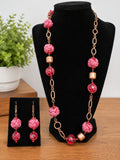 36" Boho Pink Woven Textile Bead Necklace & Earring Set Copper Tone Artisan Sty