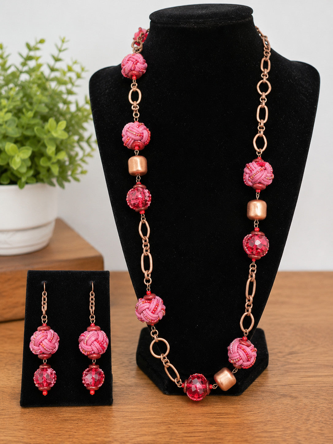 36" Boho Pink Woven Textile Bead Necklace & Earring Set Copper Tone Artisan Sty