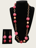 36" Boho Pink Woven Textile Bead Necklace & Earring Set Copper Tone Artisan Sty