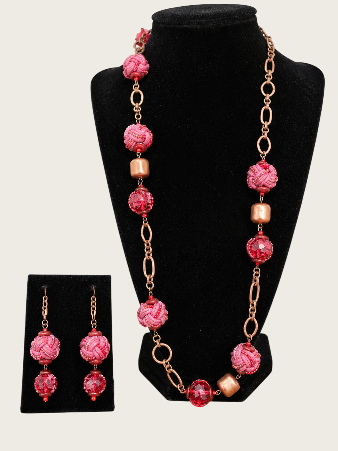 36" Boho Pink Woven Textile Bead Necklace & Earring Set Copper Tone Artisan Sty