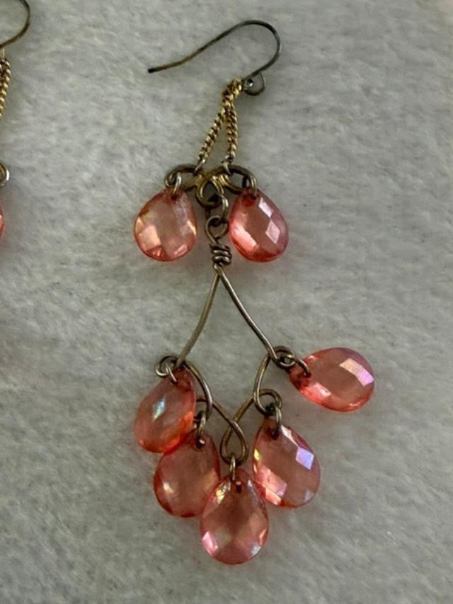 Pink Faceted Teardrop Bead Chandelier Earrings Antiqued Gold Tone Pierced