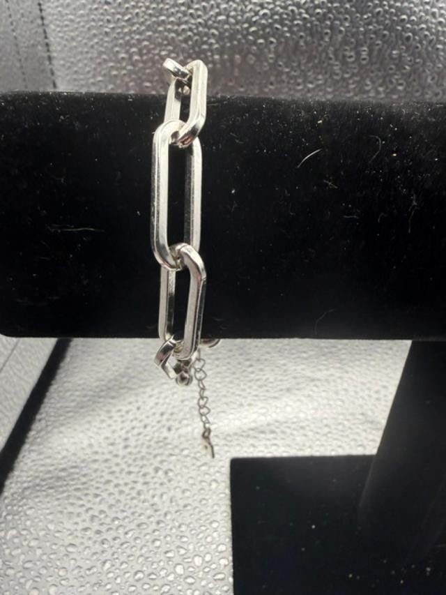 Silver Tone Chunky Paperclip Link Charm Bracelet Ball Rhinestone Tag Dangle Mode