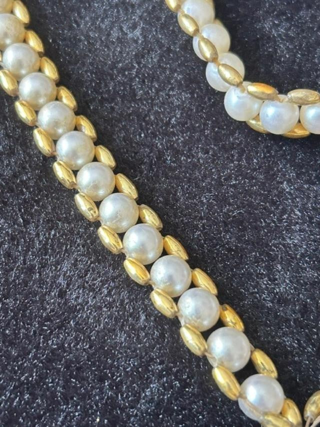 Vintage Faux Pearl Woven Gold Tone Tassel Pendant Necklace 30" Slipover