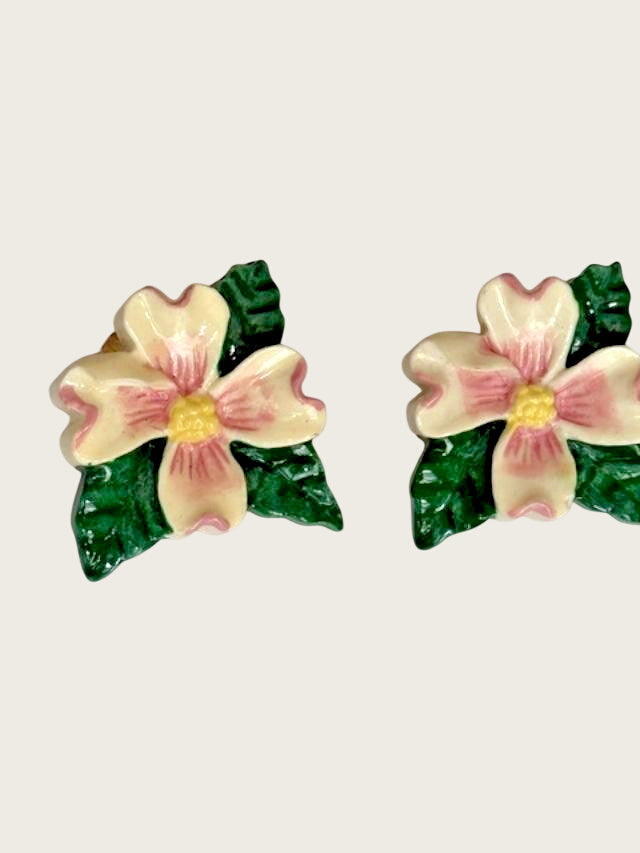 vintage dogwood flower clip-on earrings, about 1 inch, with cream/ivory petals,