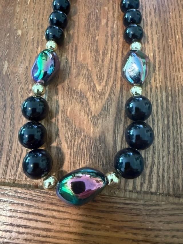 24" Black Bead Iridescent Statement Necklace Gold Tone Clasp