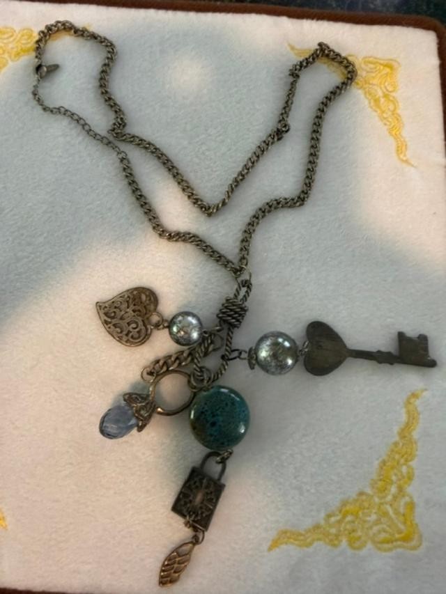 Vintage VCLM Lee Mode Key Heart Charm Necklace 27" Teal Bead Boho