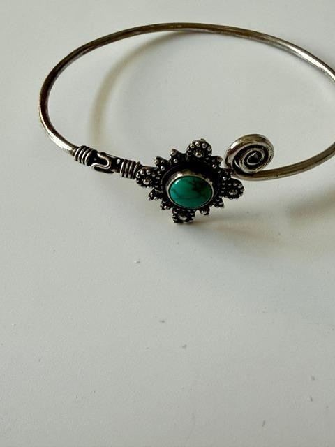 Silver Tone Faux Turquoise Spiral Hook Bangle Bracelet Boho Southwestern