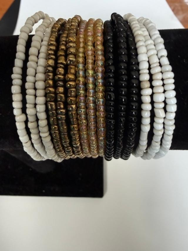 Boho 15 Strand Beaded Memory Wire Cuff Bracelet Black Cream Bronze