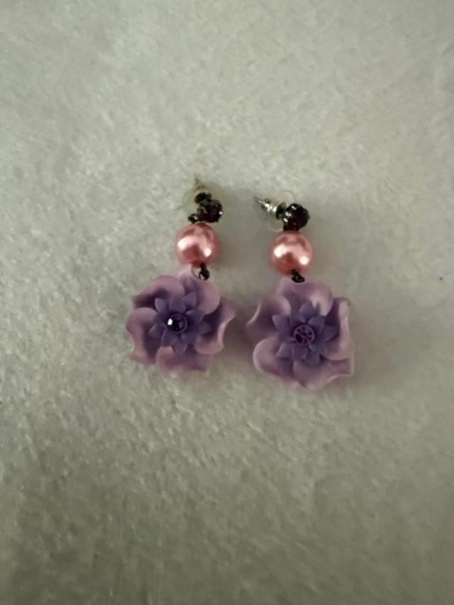 Pair of pink floral statement dangle earrings featuring fuchsia rhinestone stud