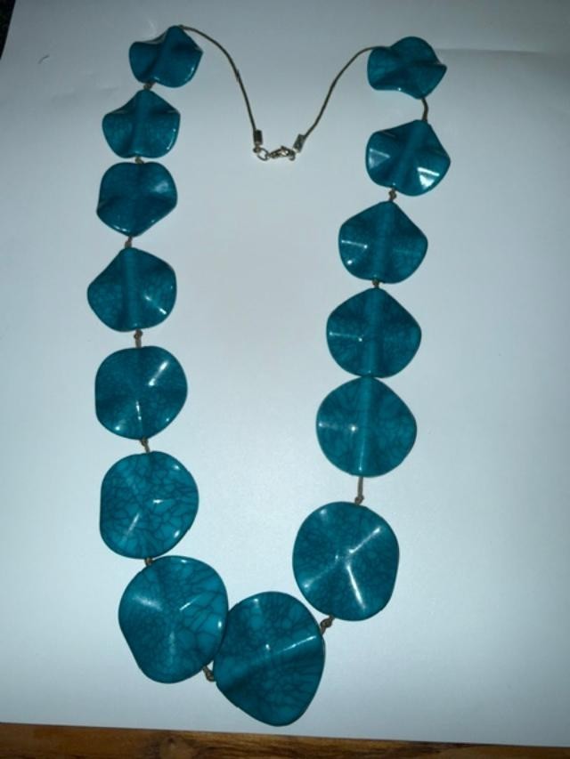 Teal Faux Turquoise Large Sculptural Bead Necklace 30" individually Knotted