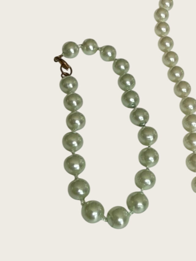Pale Green Faux Pearl Necklace Bracelet Set Lot Seafoam Costume Jewelry