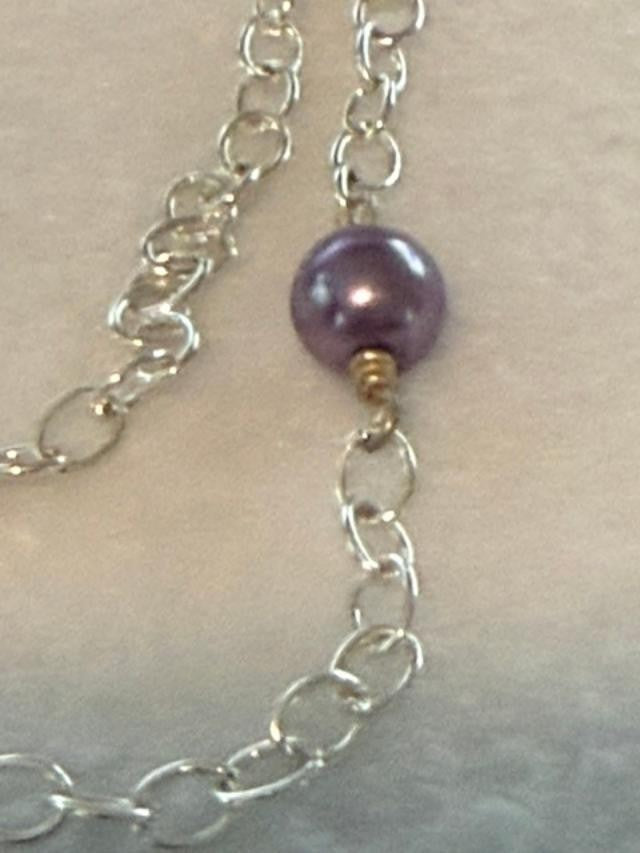 Long Silver Tone Purple Faux Pearl Station Necklace 40 Inch